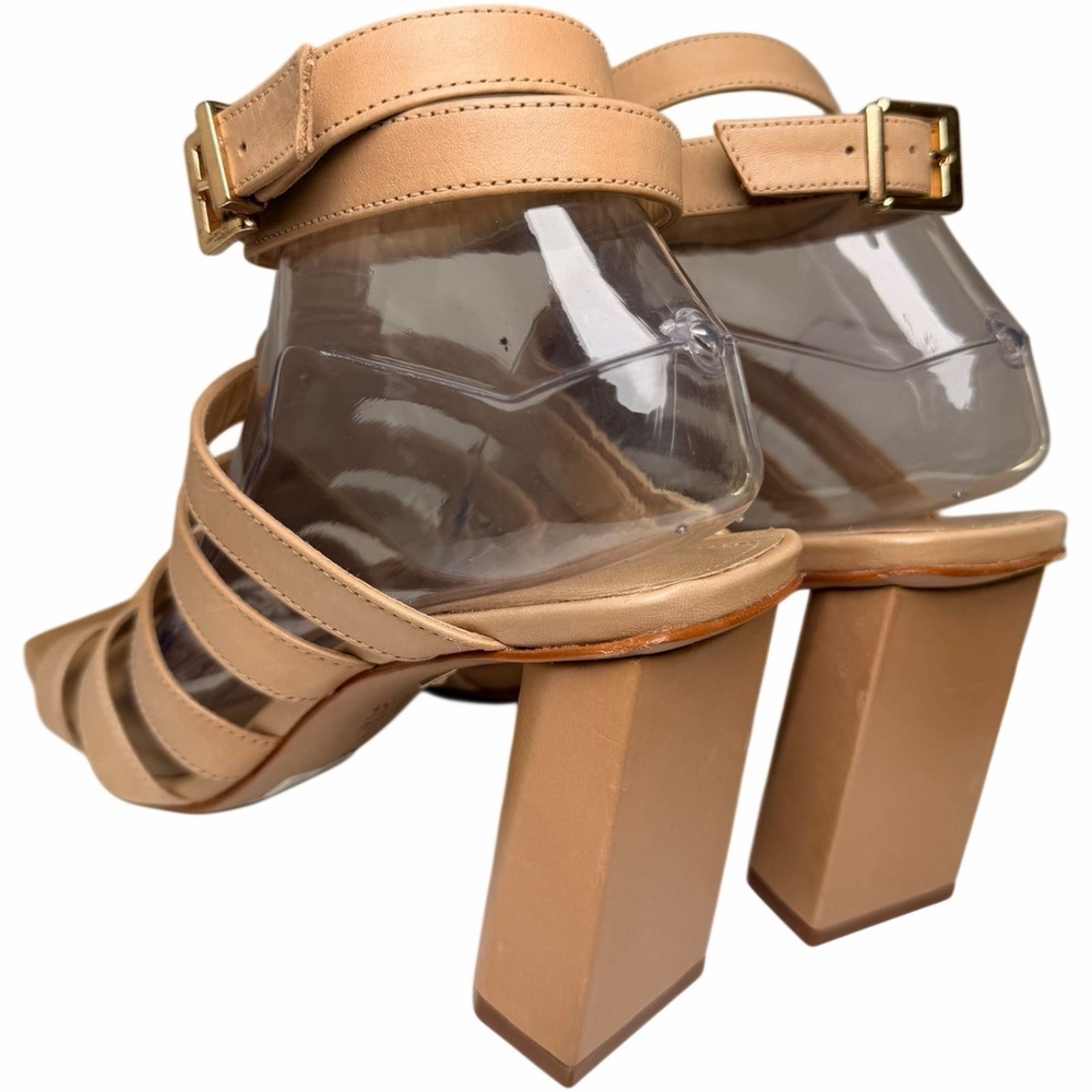 Schutz Kyrie Studded Cage Sandals Tan Leather Block Heel Ankle Strap 8 Gladiator - Picture 9 of 14